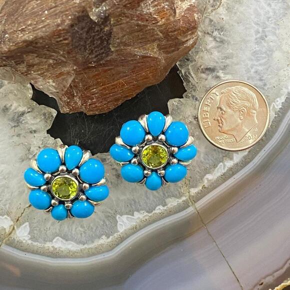 Carolyn Pollack Sterling Silver Turquoise & Faceted Peridot Flower Stud Earrings - Picture 8 of 9